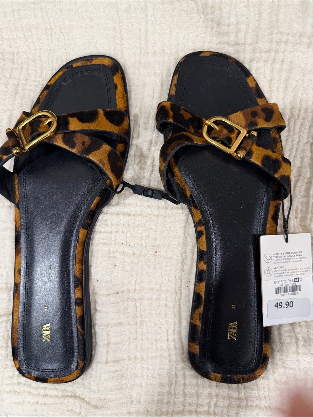 Zara Leopard-Print Slide Sandals with Gold Buckles